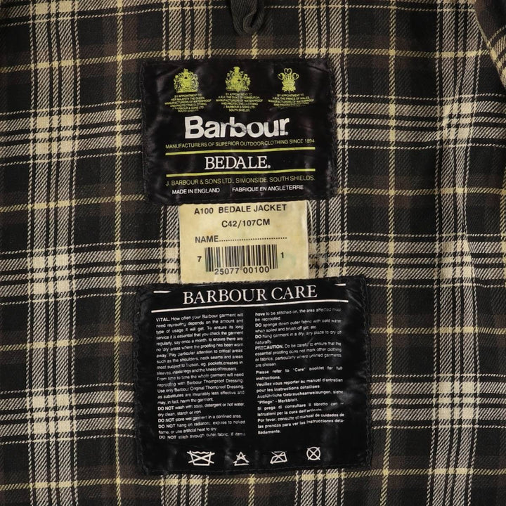 1990'S Barbour Bedale (formerly 3 Warrant) waxed cotton oiled jacket, Made in England, C42, Men's Size L cotton Khaki type Vintage Second Hand