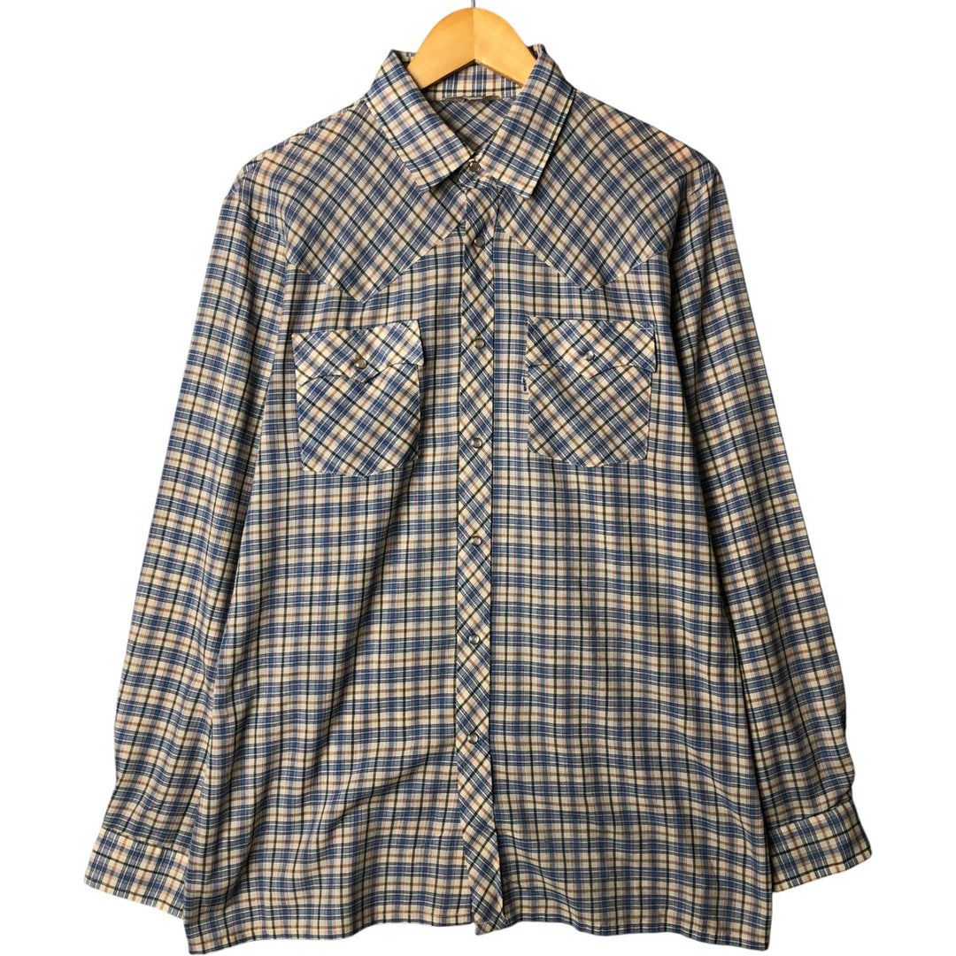 70s-80'S Levi's Check Pattern Long Sleeve Western Shirt, Men's Size XL polyester Blue type light blue Vintage Second Hand