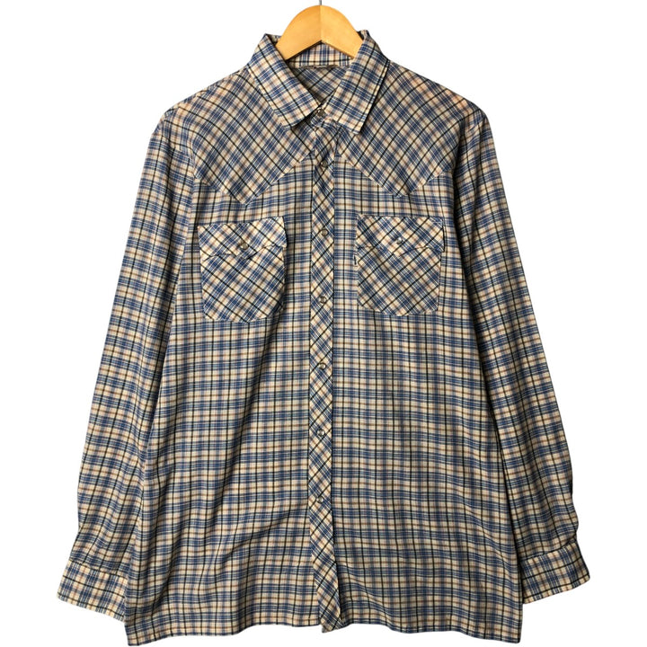 70s-80'S Levi's Check Pattern Long Sleeve Western Shirt, Men's Size XL polyester Blue type light blue Vintage Second Hand