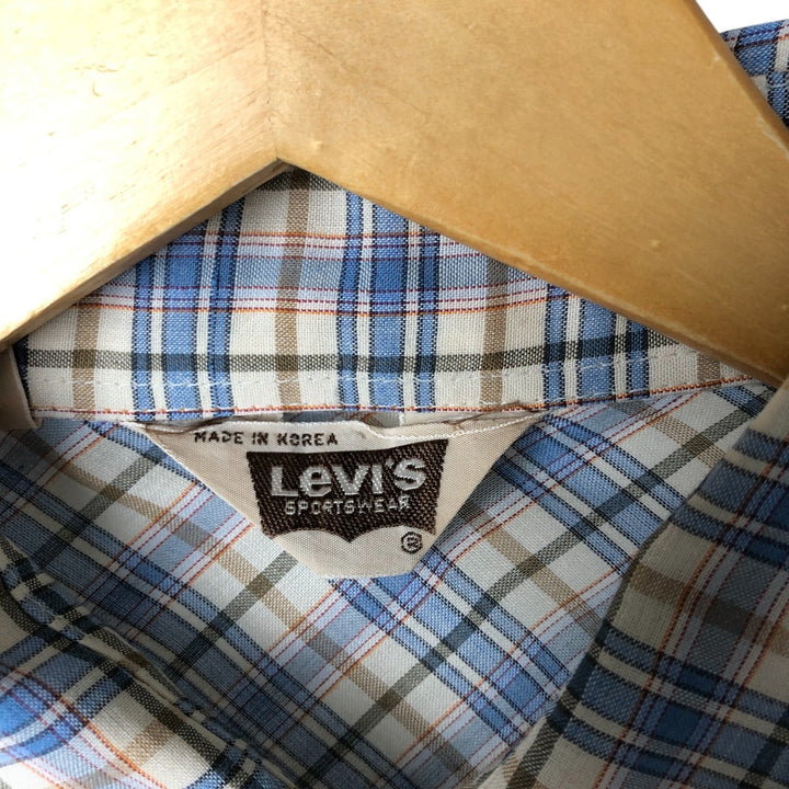 70s-80'S Levi's Check Pattern Long Sleeve Western Shirt, Men's Size XL polyester Blue type light blue Vintage Second Hand