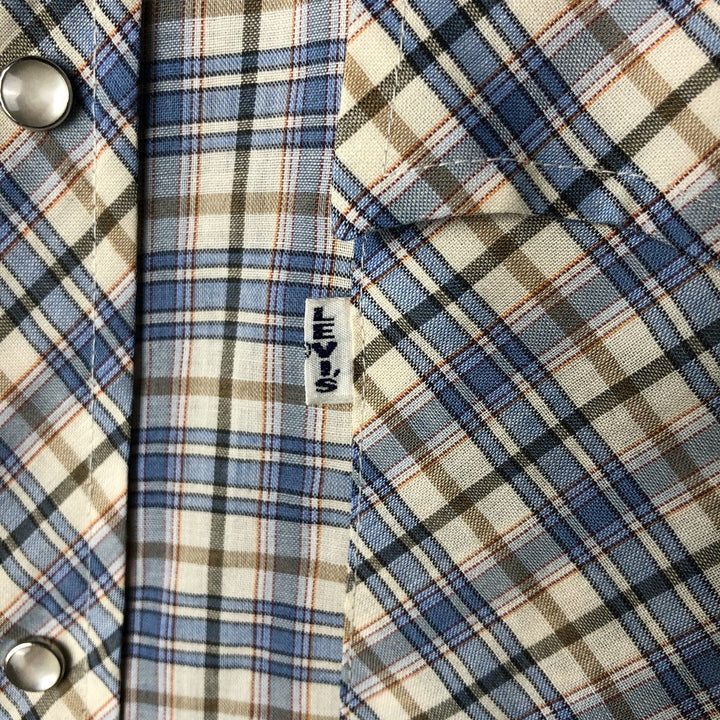 70s-80'S Levi's Check Pattern Long Sleeve Western Shirt, Men's Size XL polyester Blue type light blue Vintage Second Hand