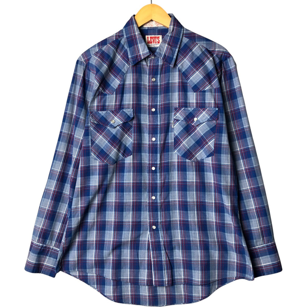 Vintage 80s-90'S Levi's Check Pattern Long Sleeve Western Shirt, Men's Size L polyester blue type Vintage Second Hand