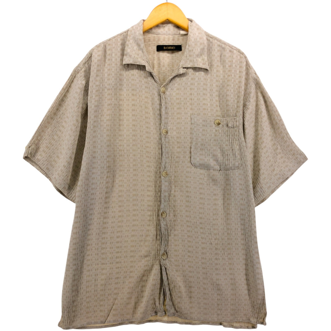 90'S BACHRACH all-over print short-sleeved acetate and rayon shirt, open collar, made in the USA, men's size L. Rayon ivory Vintage Second Hand