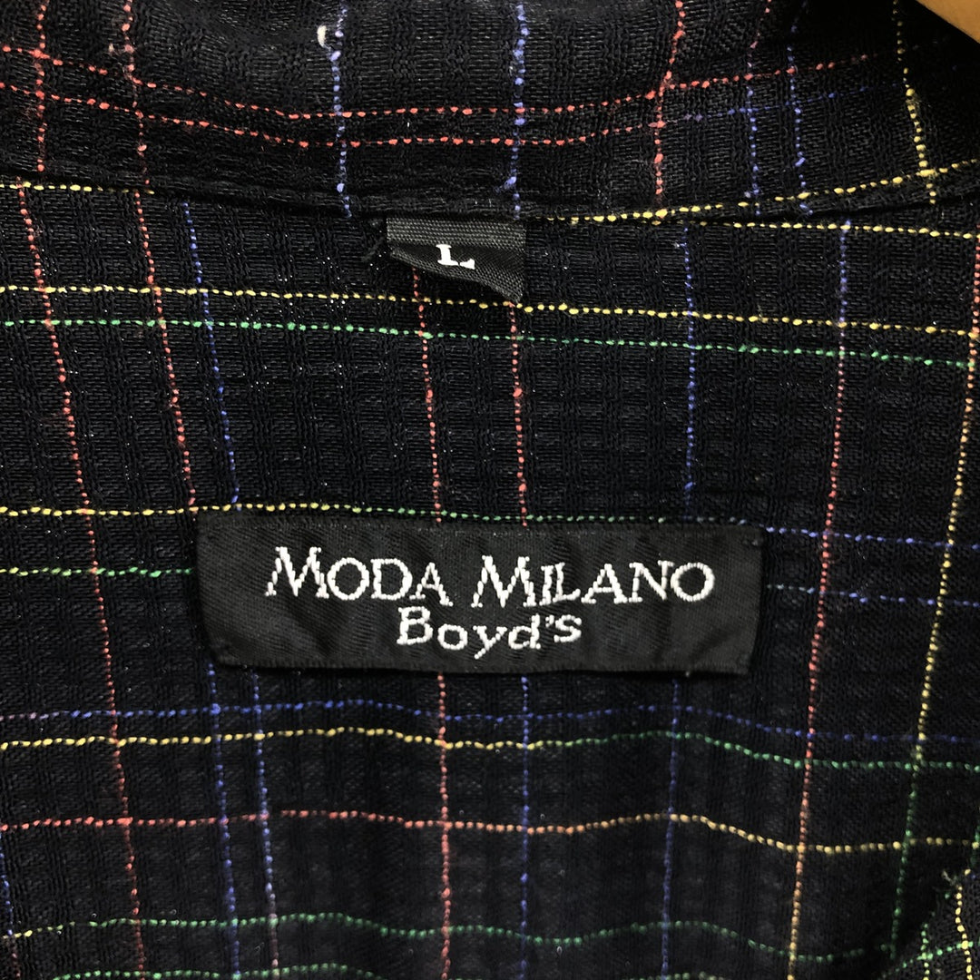 MODA MILANO Boyd's Check Pattern Short Sleeve Open Collar Shirt, Men's Size L acetate black type Vintage Second Hand