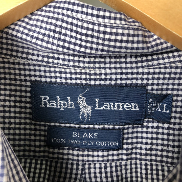Ralph Lauren BLAKE gingham check long-sleeve button-down check shirt, made in China, men's size XL cotton navy blue type Vintage Second Hand