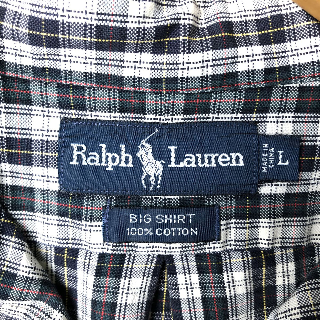 Ralph Lauren BIG SHIRT Long sleeve button-down check shirt Men's L size cotton white type Vintage Second Hand