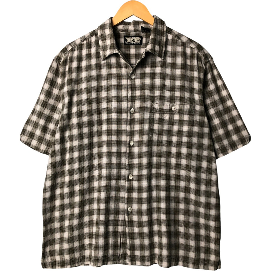 ON THE BRINK Check Pattern Short Sleeve Open Collar Cotton and Linen Box Shirt, Men's Size L linen Khaki type sage green Vintage Second Hand