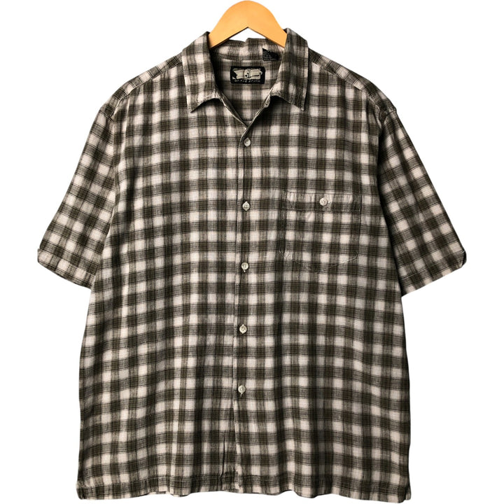 ON THE BRINK Check Pattern Short Sleeve Open Collar Cotton and Linen Box Shirt, Men's Size L linen Khaki type sage green Vintage Second Hand