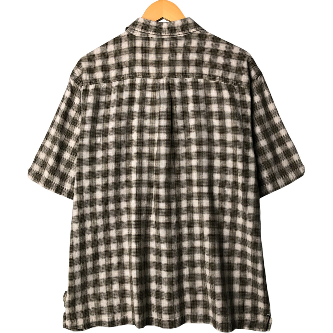 ON THE BRINK Check Pattern Short Sleeve Open Collar Cotton and Linen Box Shirt, Men's Size L linen Khaki type sage green Vintage Second Hand