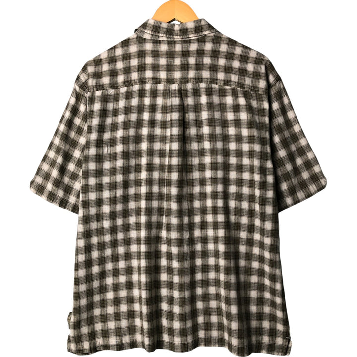 ON THE BRINK Check Pattern Short Sleeve Open Collar Cotton and Linen Box Shirt, Men's Size L linen Khaki type sage green Vintage Second Hand