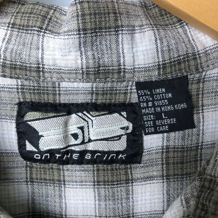 ON THE BRINK Check Pattern Short Sleeve Open Collar Cotton and Linen Box Shirt, Men's Size L linen Khaki type sage green Vintage Second Hand