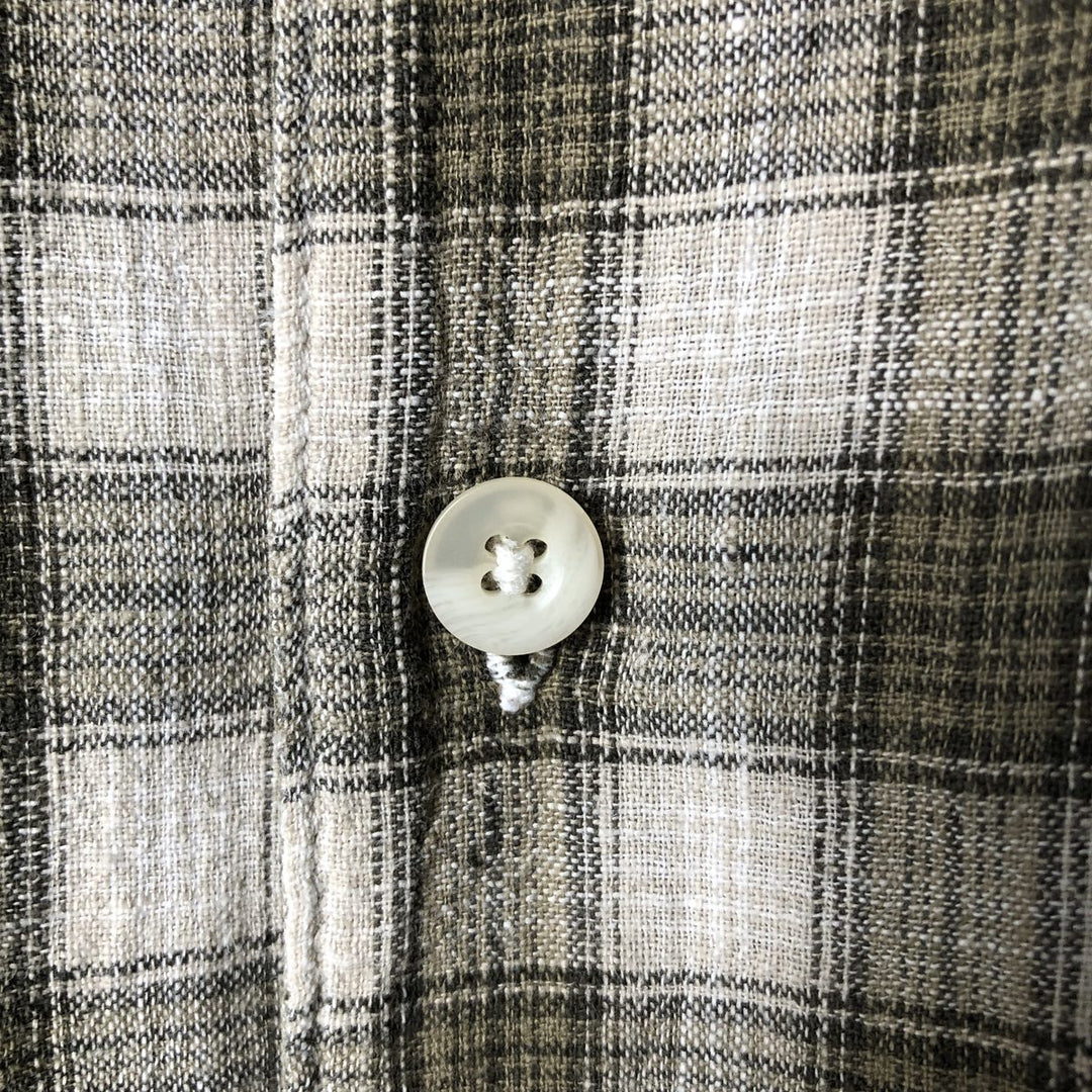 ON THE BRINK Check Pattern Short Sleeve Open Collar Cotton and Linen Box Shirt, Men's Size L linen Khaki type sage green Vintage Second Hand