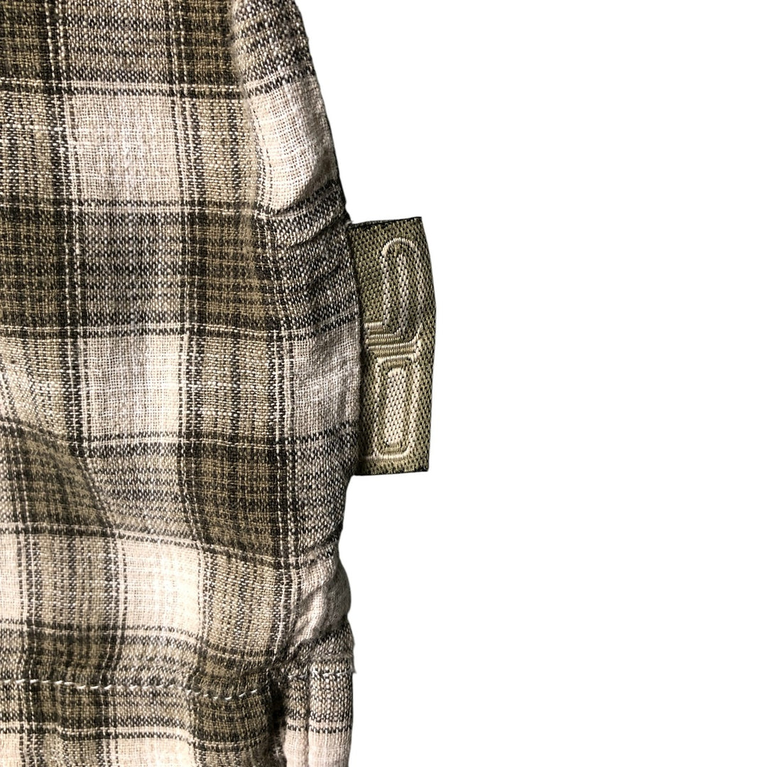 ON THE BRINK Check Pattern Short Sleeve Open Collar Cotton and Linen Box Shirt, Men's Size L linen Khaki type sage green Vintage Second Hand