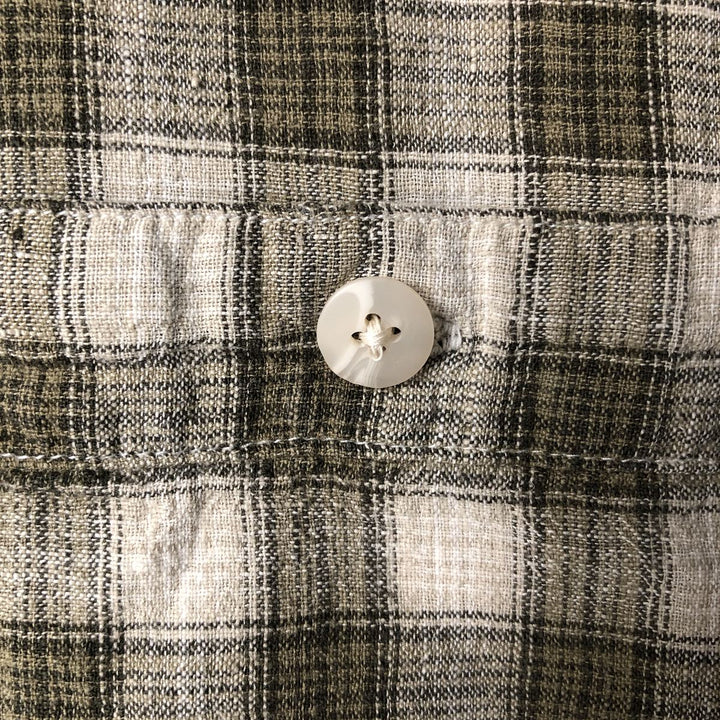 ON THE BRINK Check Pattern Short Sleeve Open Collar Cotton and Linen Box Shirt, Men's Size L linen Khaki type sage green Vintage Second Hand