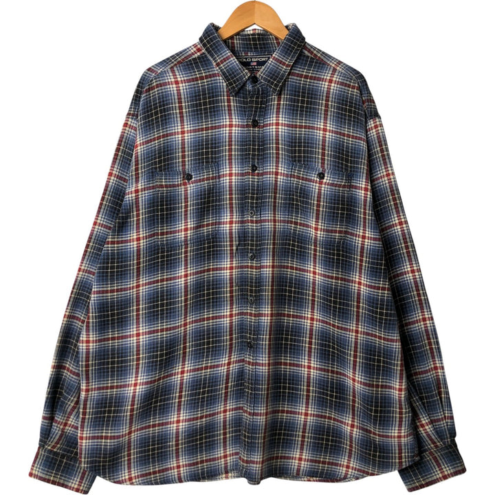 Vintage 90'S Ralph Lauren POLO SPORTSMAN long-sleeved heavy flannel check shirt, men's size XXL cotton blue type Vintage Second Hand