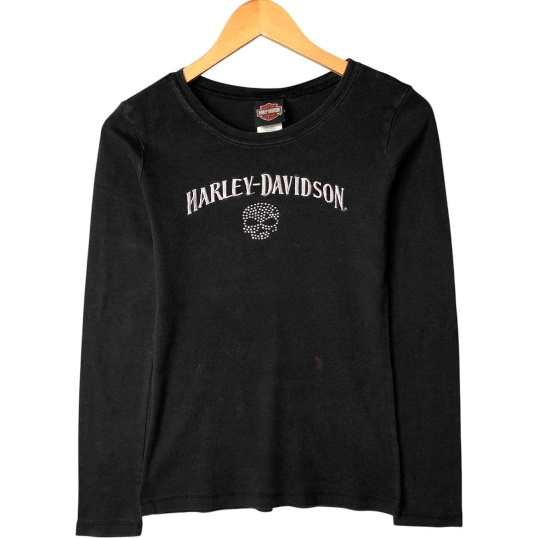 Harley-Davidson Skull Pattern Long Sleeve T-Shirt with Rhinestones, Women's Size Medium cotton black type Vintage Second Hand