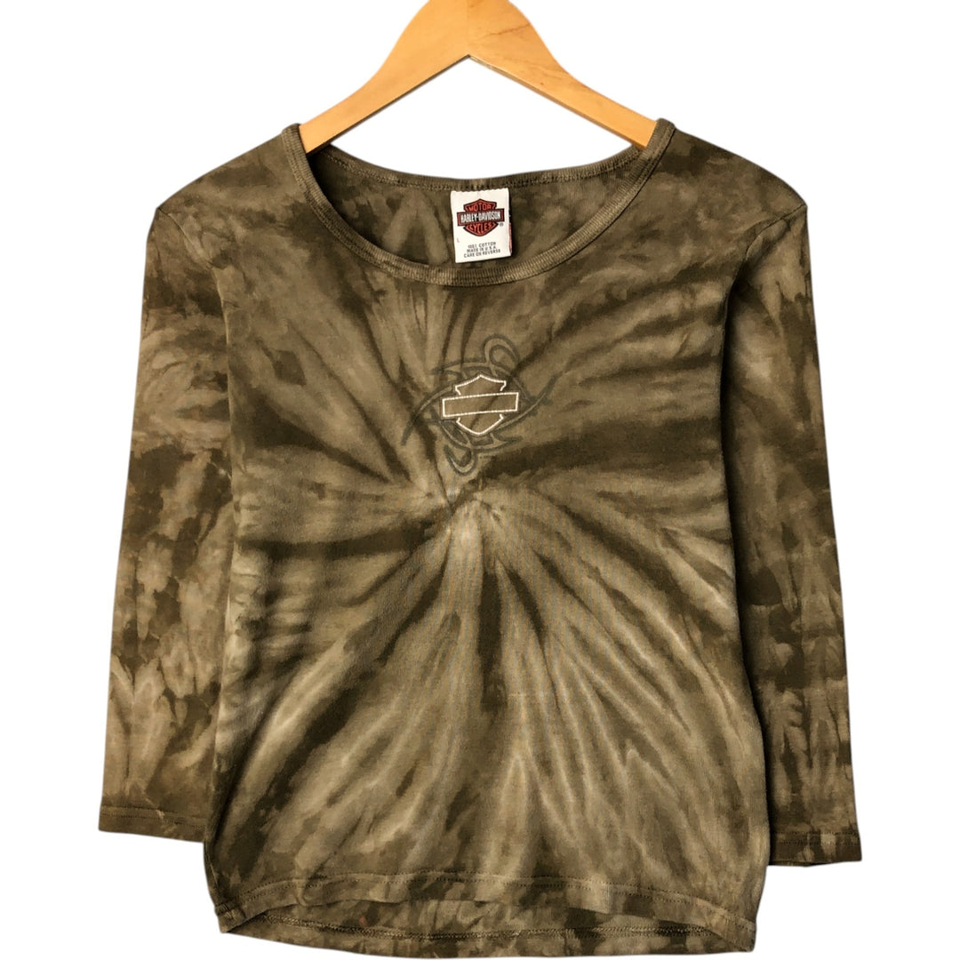 2000'S Harley-Davidson 3/4 Sleeve Tie-Dye T-Shirt, Made in USA, Women's Size L cotton beige type brown Vintage Second Hand