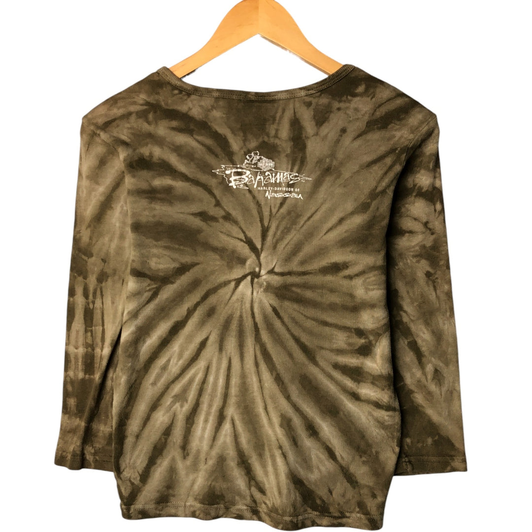 2000'S Harley-Davidson 3/4 Sleeve Tie-Dye T-Shirt, Made in USA, Women's Size L cotton beige type brown Vintage Second Hand