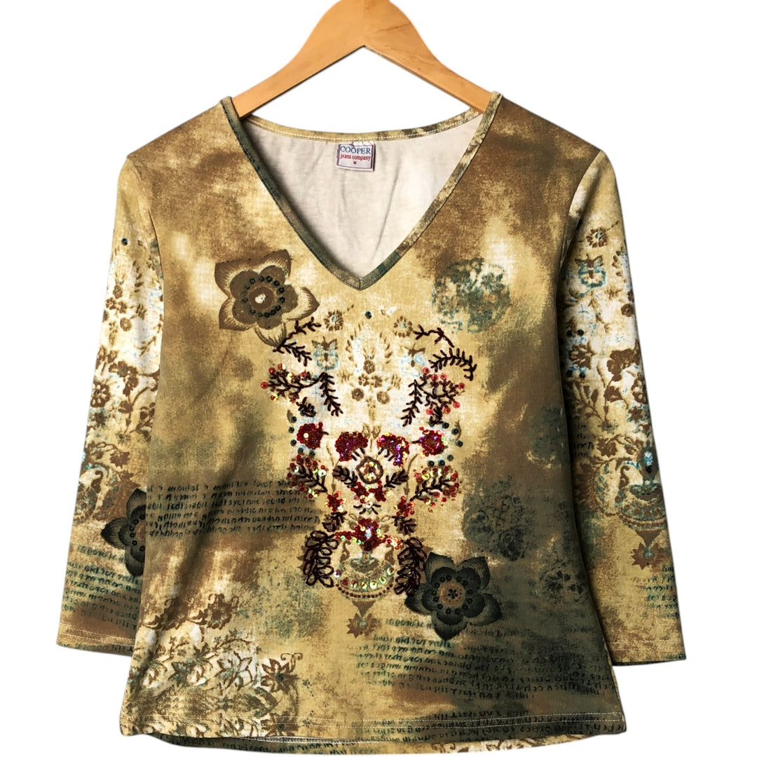 COOPER all-over print, 3/4 sleeve, beaded embroidery, V-neck T-shirt, women's size M cotton Beige type Vintage Second Hand