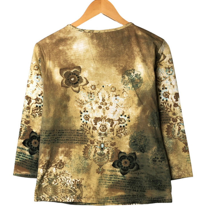 COOPER all-over print, 3/4 sleeve, beaded embroidery, V-neck T-shirt, women's size M cotton Beige type Vintage Second Hand