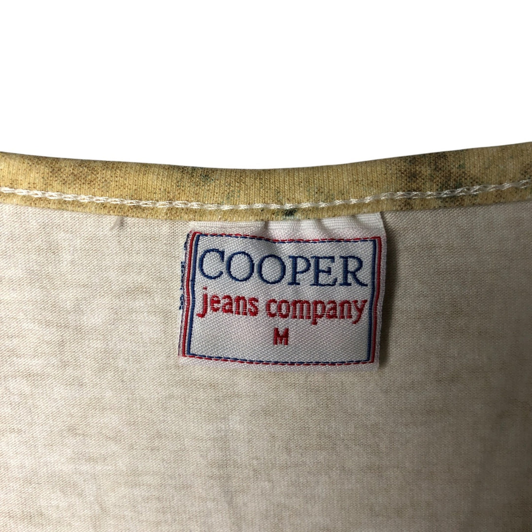 COOPER all-over print, 3/4 sleeve, beaded embroidery, V-neck T-shirt, women's size M cotton Beige type Vintage Second Hand