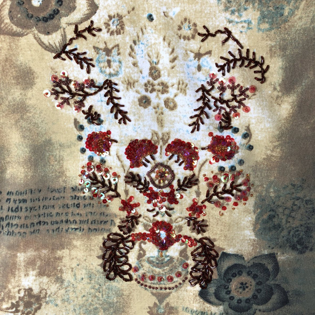 COOPER all-over print, 3/4 sleeve, beaded embroidery, V-neck T-shirt, women's size M cotton Beige type Vintage Second Hand