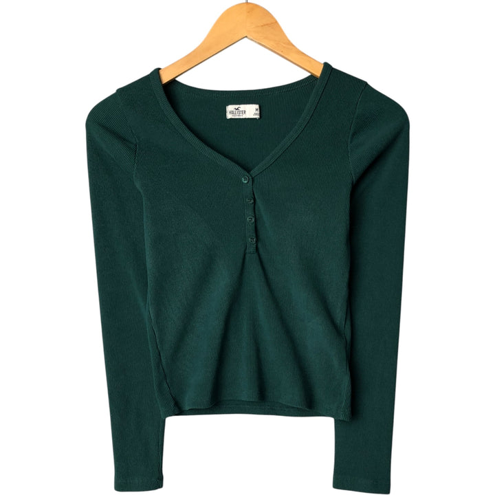 HOLLISTER Henley Neck Cropped Long T-Shirt, Women's Size Medium polyester green type Vintage Second Hand