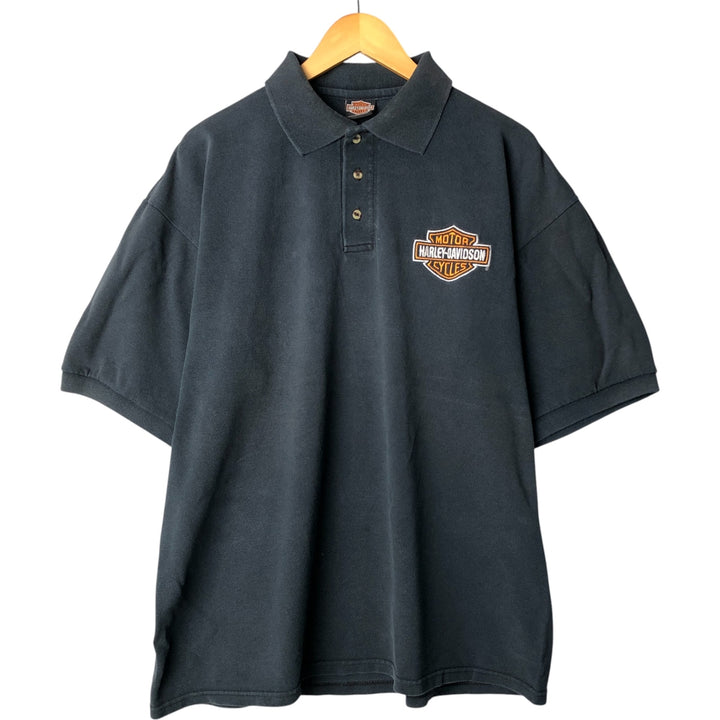 Harley-Davidson Eagle Pattern Short Sleeve Polo Shirt, Made in USA, Men's Size XL cotton black type Vintage Second Hand