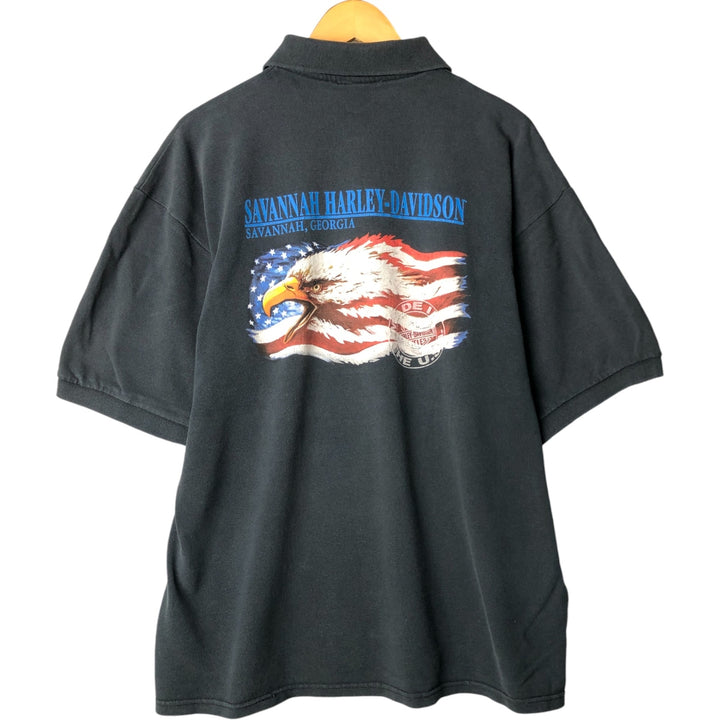 Harley-Davidson Eagle Pattern Short Sleeve Polo Shirt, Made in USA, Men's Size XL cotton black type Vintage Second Hand