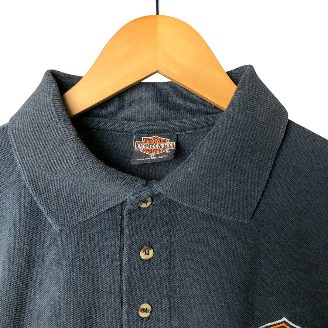 Harley-Davidson Eagle Pattern Short Sleeve Polo Shirt, Made in USA, Men's Size XL cotton black type Vintage Second Hand