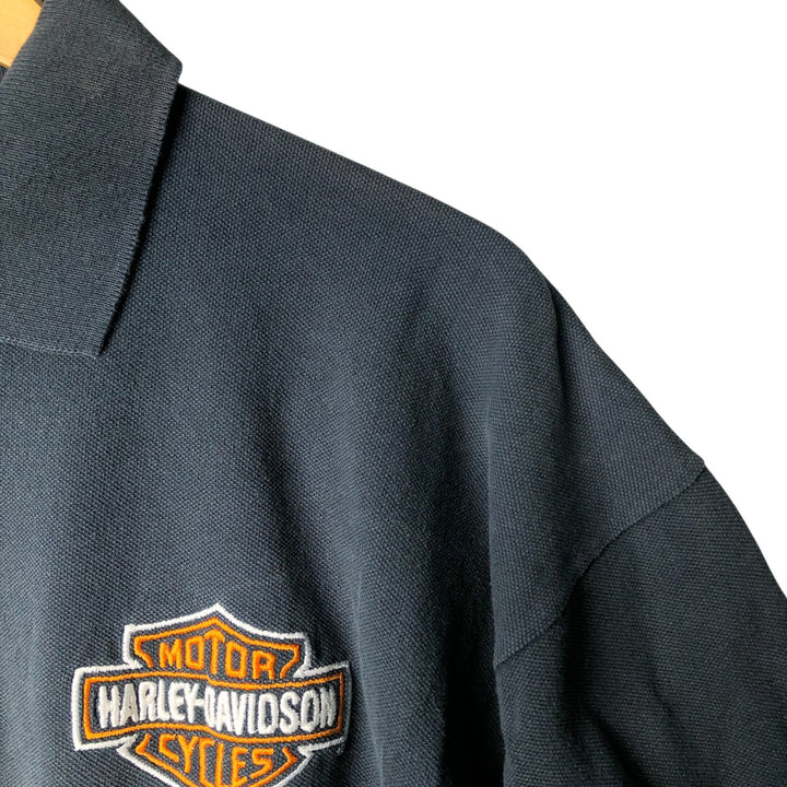 Harley-Davidson Eagle Pattern Short Sleeve Polo Shirt, Made in USA, Men's Size XL cotton black type Vintage Second Hand