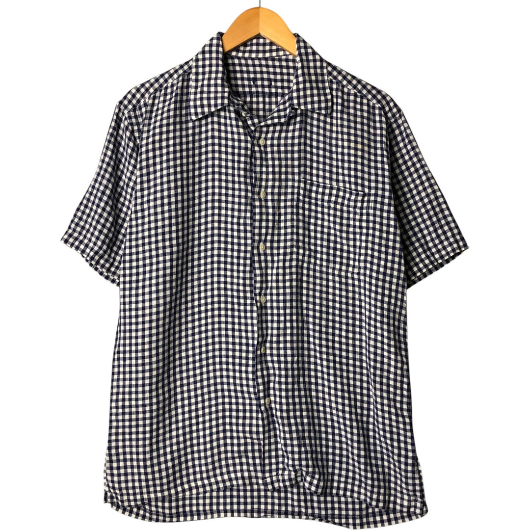 Gingham check short sleeve open collar linen shirt, box shirt, men's size M unclear navy blue type Vintage Second Hand