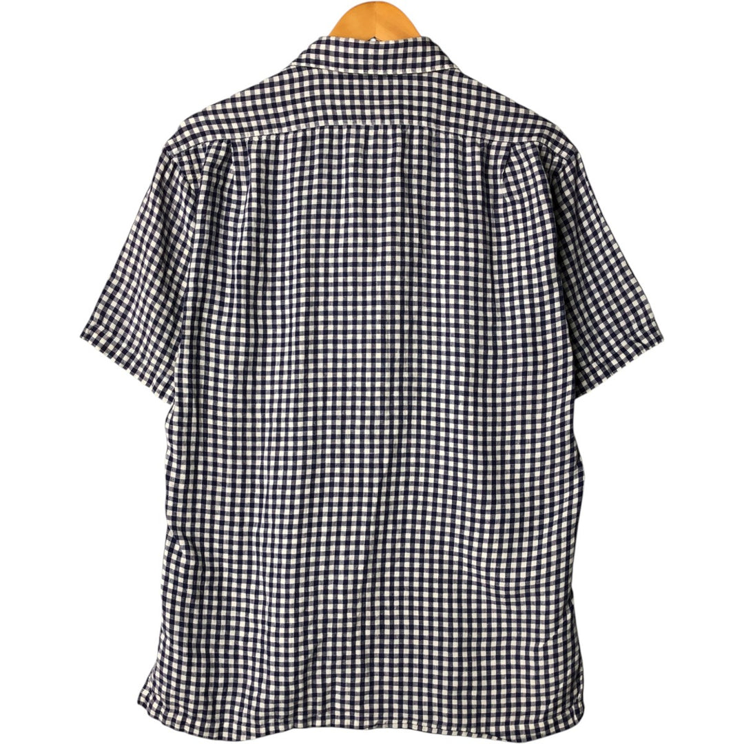 Gingham check short sleeve open collar linen shirt, box shirt, men's size M unclear navy blue type Vintage Second Hand