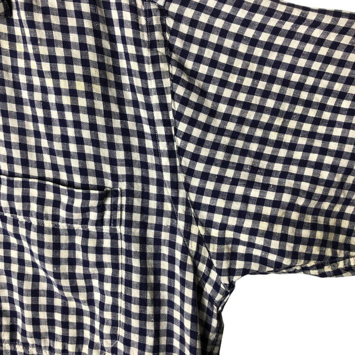 Gingham check short sleeve open collar linen shirt, box shirt, men's size M unclear navy blue type Vintage Second Hand