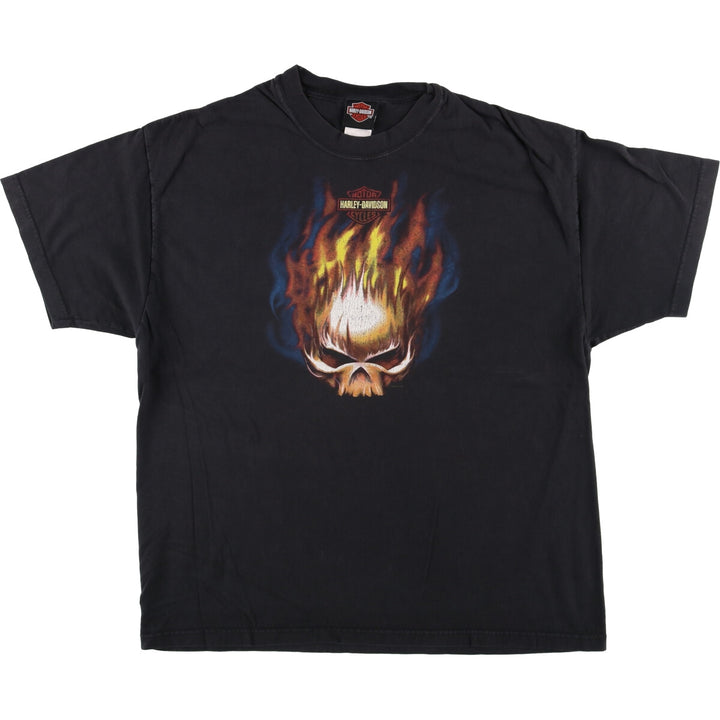2000'S Harley-Davidson Fire Pattern Skull Pattern Motorcycle T-Shirt, Made in USA, Men's Size XL cotton black type Vintage Second Hand