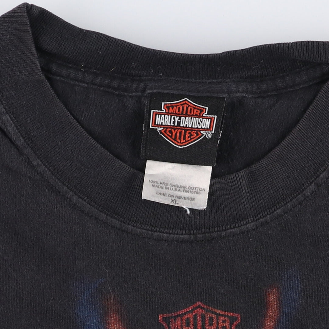 2000'S Harley-Davidson Fire Pattern Skull Pattern Motorcycle T-Shirt, Made in USA, Men's Size XL cotton black type Vintage Second Hand