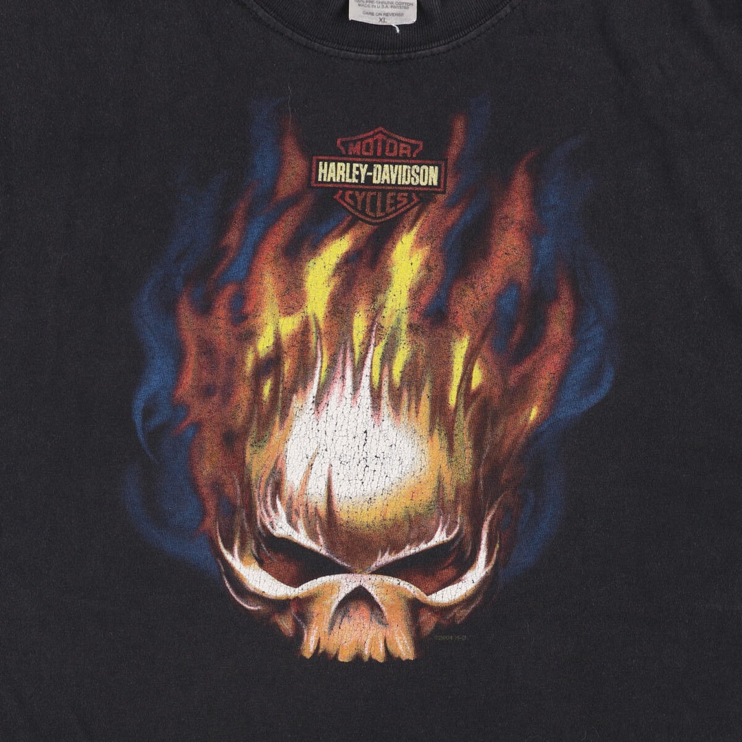 2000'S Harley-Davidson Fire Pattern Skull Pattern Motorcycle T-Shirt, Made in USA, Men's Size XL cotton black type Vintage Second Hand