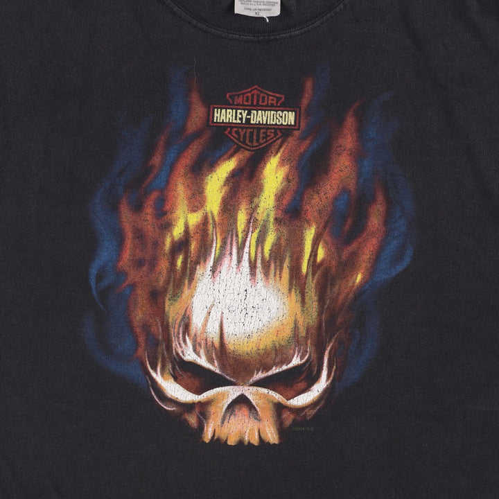 2000'S Harley-Davidson Fire Pattern Skull Pattern Motorcycle T-Shirt, Made in USA, Men's Size XL cotton black type Vintage Second Hand
