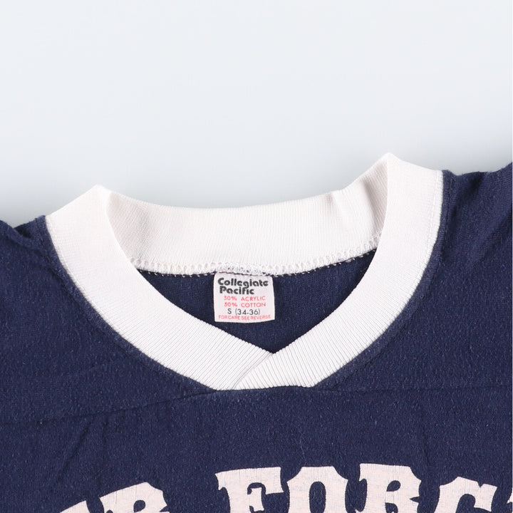 Vintage 1980'S Collegiate Pacific V-neck football T-shirt, Made in USA, Men's Size Small acrylic navy blue type Vintage Second Hand