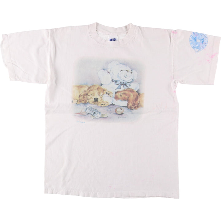 Vintage 90'S BLUE WAVE dog print T-shirt, made in the USA, size M, men's cotton white type Vintage Second Hand