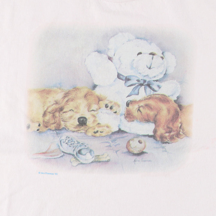 Vintage 90'S BLUE WAVE dog print T-shirt, made in the USA, size M, men's cotton white type Vintage Second Hand