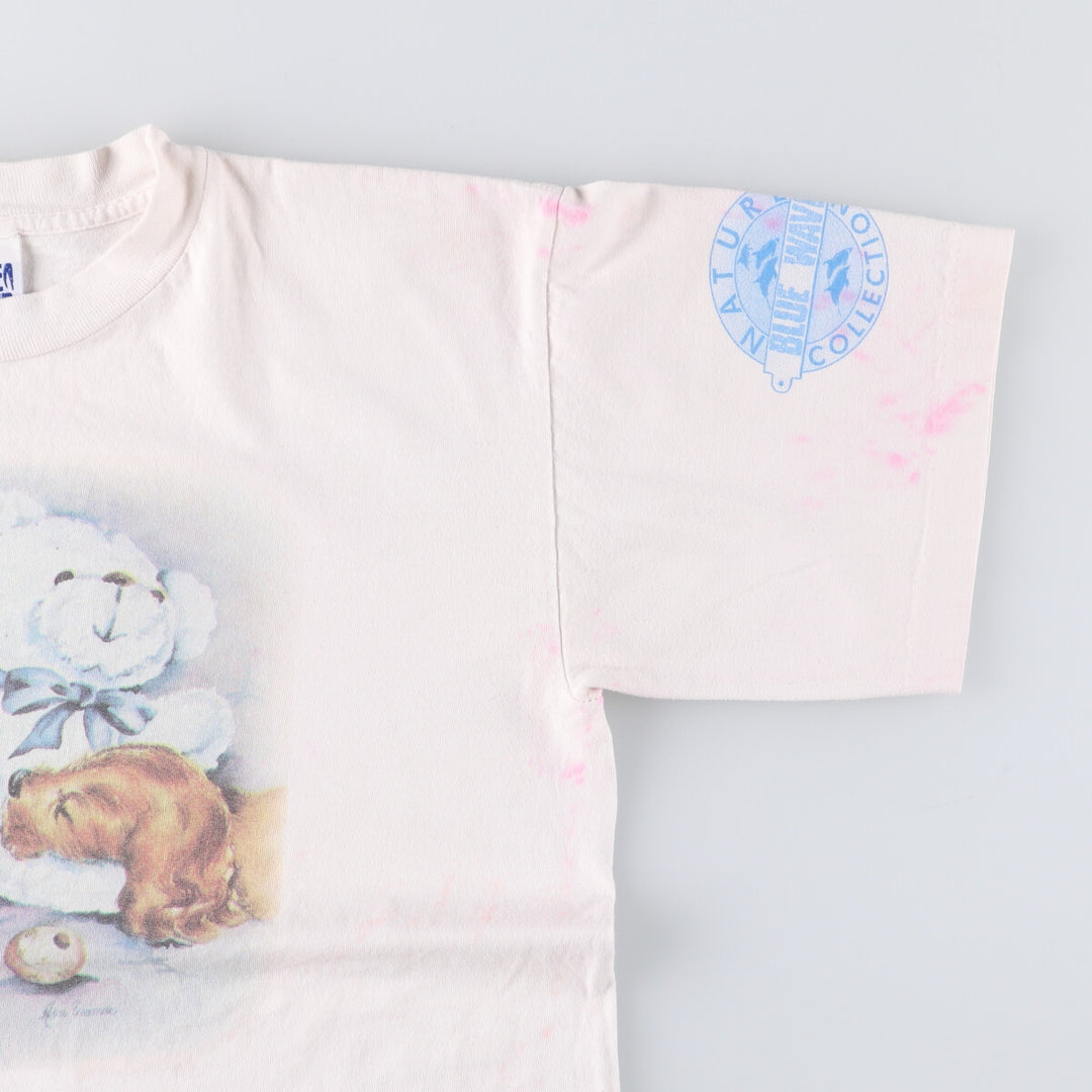 Vintage 90'S BLUE WAVE dog print T-shirt, made in the USA, size M, men's cotton white type Vintage Second Hand