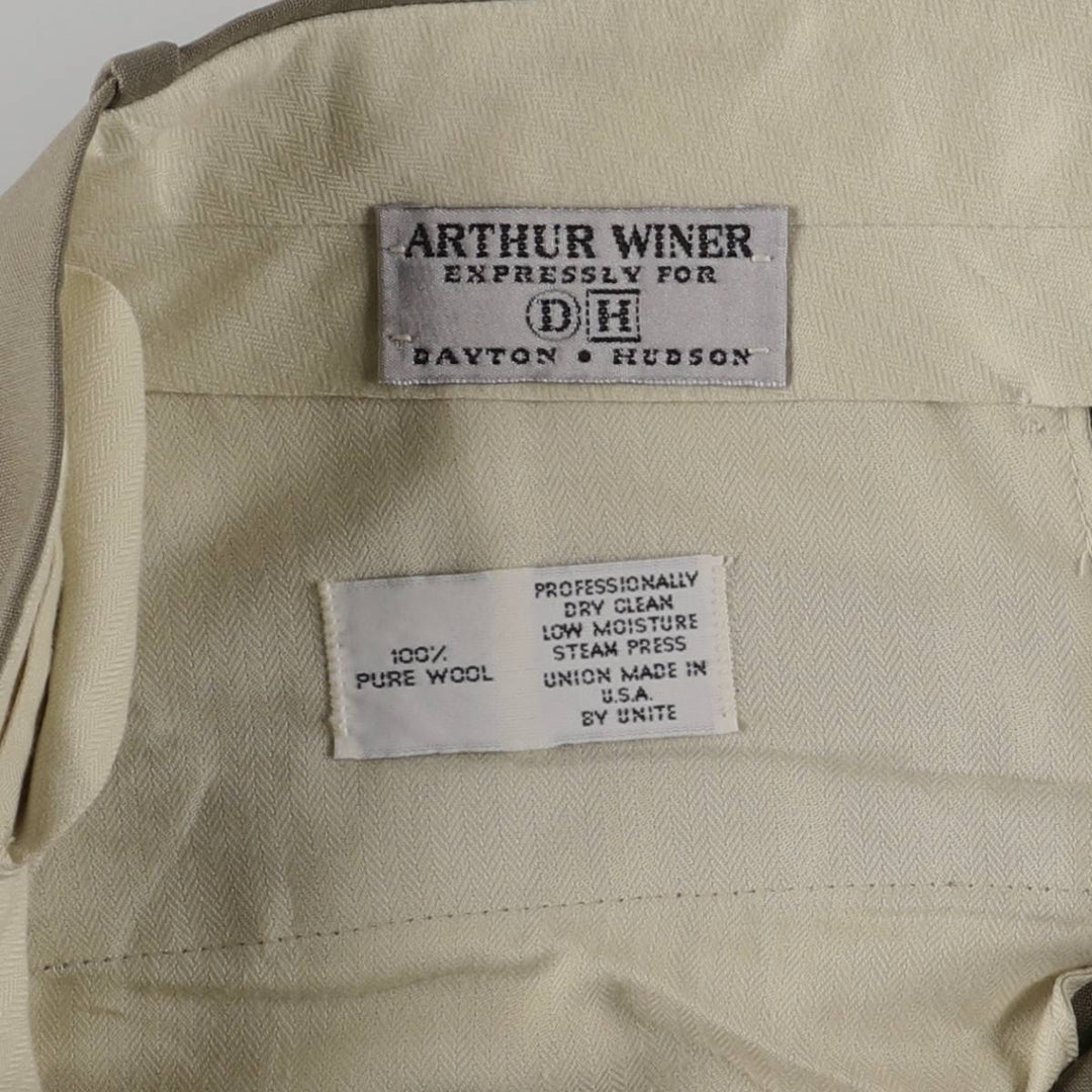 ARTHUR WINER Two-pleat Wool Pants, Made in USA, Men's, Size W35, Vintage wool Khaki type Vintage Second Hand