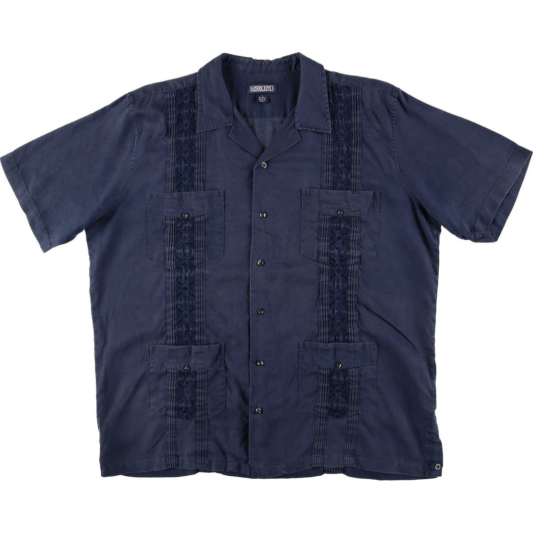 90'S LANDS'END Short Sleeve Open Collar Mexican/Cuban Shirt, Men's Size L linen navy blue type Vintage Second Hand