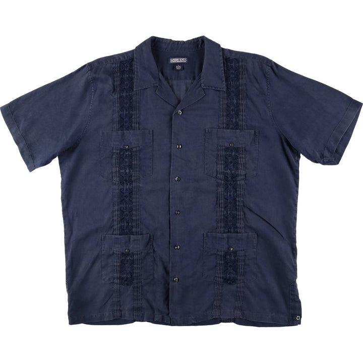 90'S LANDS'END Short Sleeve Open Collar Mexican/Cuban Shirt, Men's Size L linen navy blue type Vintage Second Hand