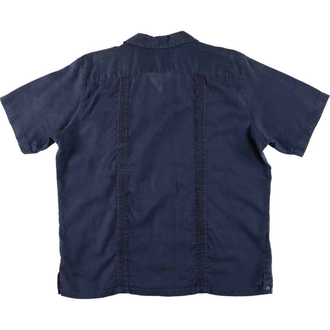 90'S LANDS'END Short Sleeve Open Collar Mexican/Cuban Shirt, Men's Size L linen navy blue type Vintage Second Hand