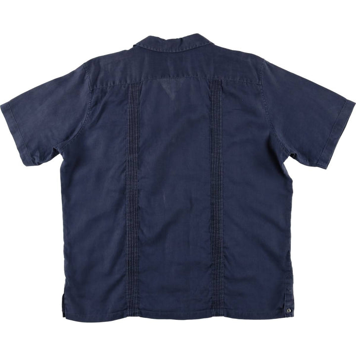 90'S LANDS'END Short Sleeve Open Collar Mexican/Cuban Shirt, Men's Size L linen navy blue type Vintage Second Hand