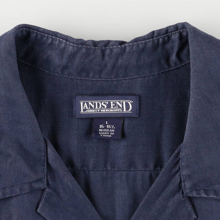 90'S LANDS'END Short Sleeve Open Collar Mexican/Cuban Shirt, Men's Size L linen navy blue type Vintage Second Hand