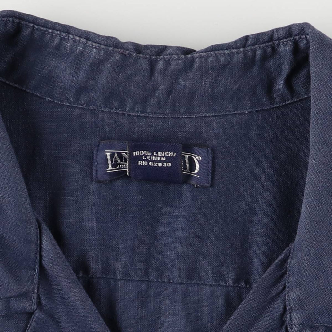 90'S LANDS'END Short Sleeve Open Collar Mexican/Cuban Shirt, Men's Size L linen navy blue type Vintage Second Hand