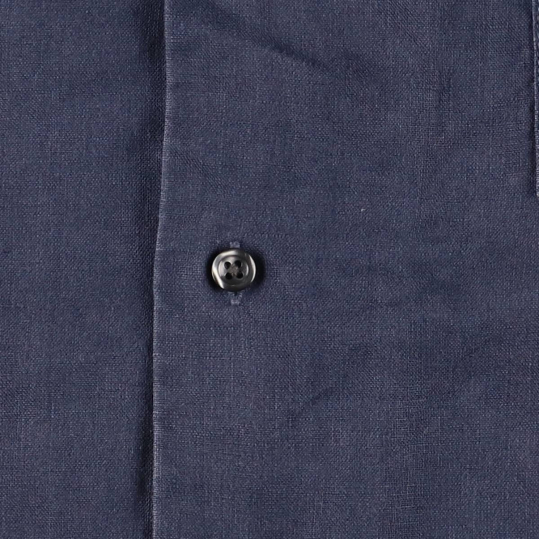 90'S LANDS'END Short Sleeve Open Collar Mexican/Cuban Shirt, Men's Size L linen navy blue type Vintage Second Hand